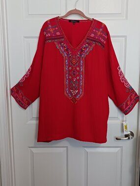 Calessa Red Colorful Boho Embroidered Tunic Top Women's Plus Size 2X NWT